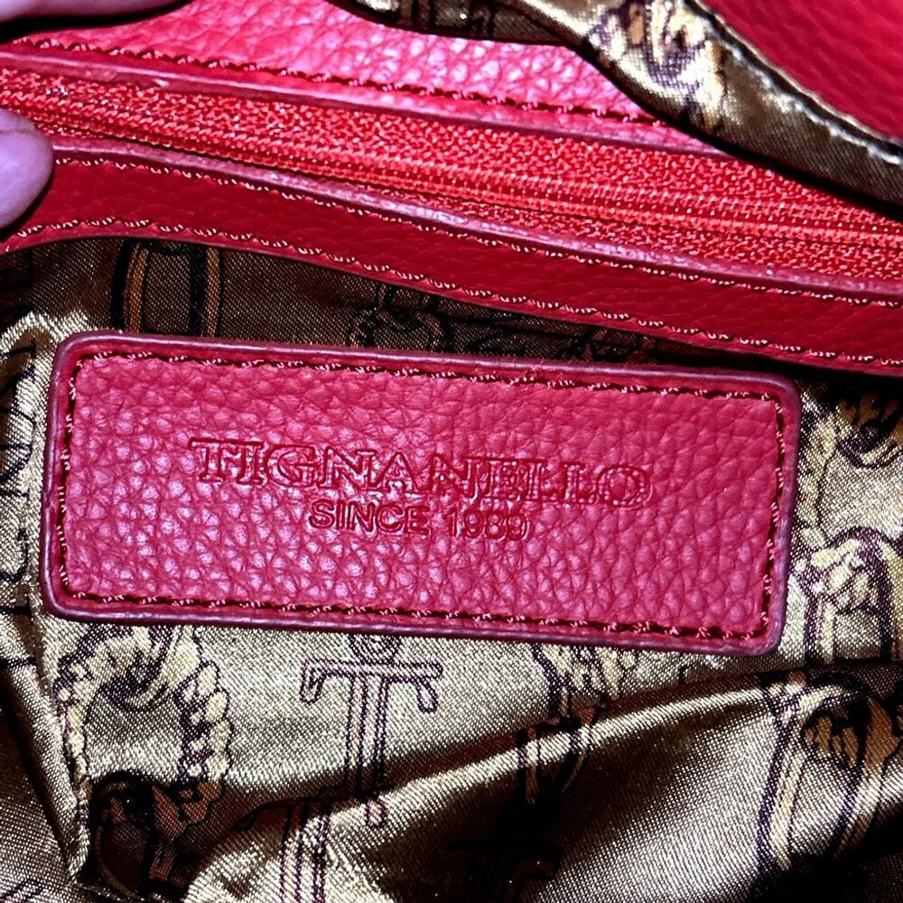 Tignanello Red Leather Hobo Bag With Chain Accent